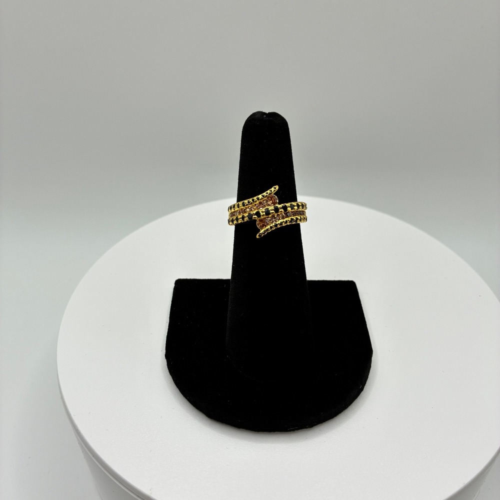 Women's Ring Size 6.5 Gold Black Amber Crystal Bypass Multi-Row Band